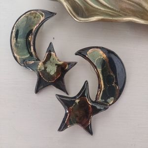 Vintage 80's Handmade Porcelain Glazed Moon & Star Earrings